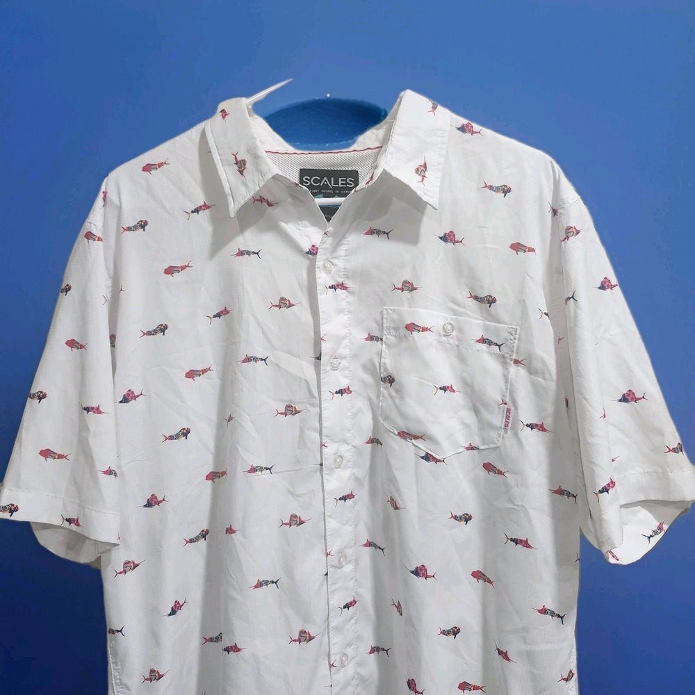 Scales Fishing Shirt L White Short Sleeve Button Front Vented Back Fish Print - Picture 3 of 11